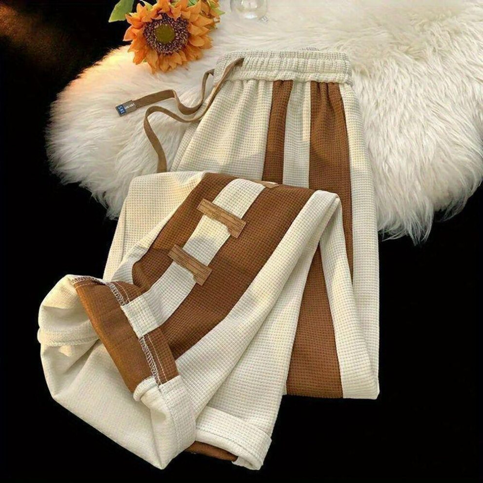 (apricot, L) Men's American Style Loose Straight Casual Trousers With Contrast Stitching - Spring/summer Wide-leg Sports Sweatpants