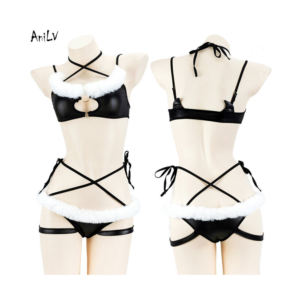 Maxpower Anilv Winter Furry Bandage Strap Devil Unifrom Women Hollow Bikini Outfits Costumes Cosplay