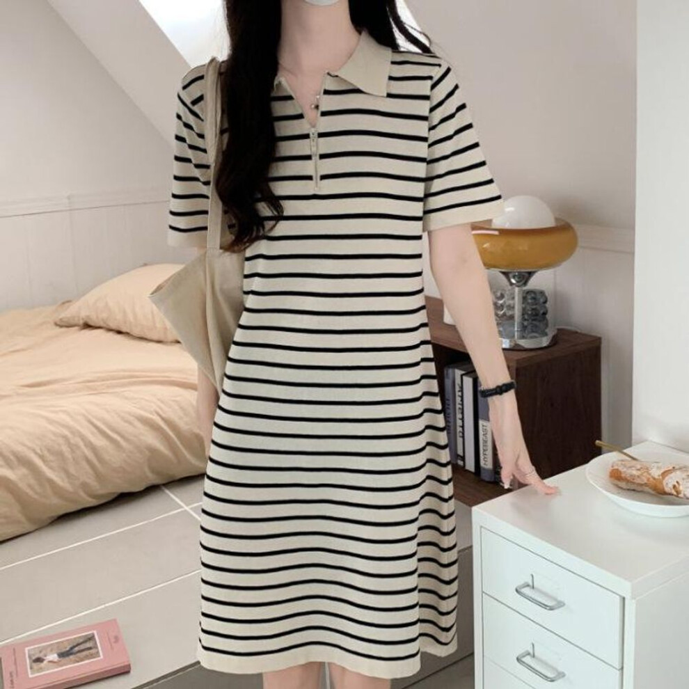 (apricot, L) Women's Striped Polo Collar Ice Silk Knit T-shirt: Summer Casual, Slim, Age-reducing Dress