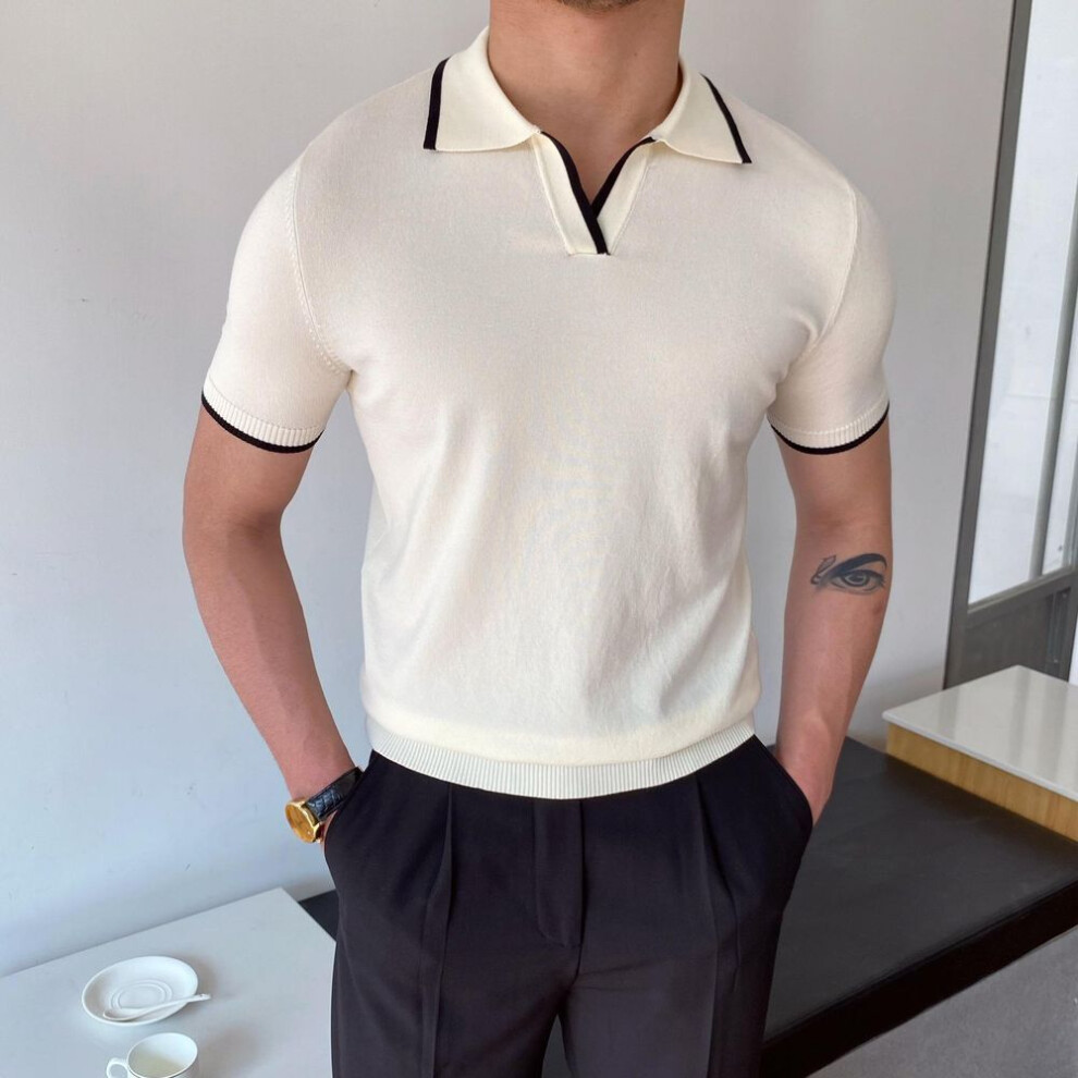 (white, 3XL) Men's Slim Fit Light Luxury Polo Shirt - Breathable, Fashionable, Knitted, Short-Sleeved, Summer Style