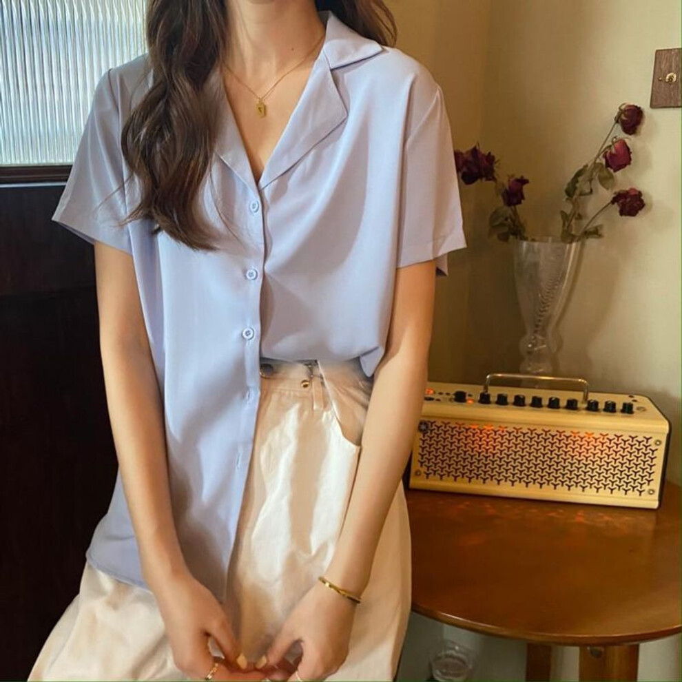 (light blue, L) "women's Summer 2023 White Short-sleeve Suit Collar Shirt - Trendy Niche Design