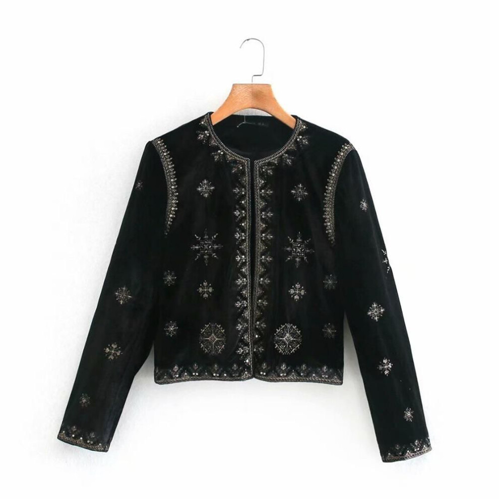 (black, Small) Black Printed Retro Long Sleeve Cardigan For Women