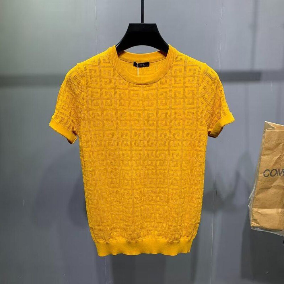 (yellow, 3XL) Men's Slim Fit Jacquard Ice Silk Knit T-Shirt - Short Sleeve Summer Trendy, Versatile & Comfortable