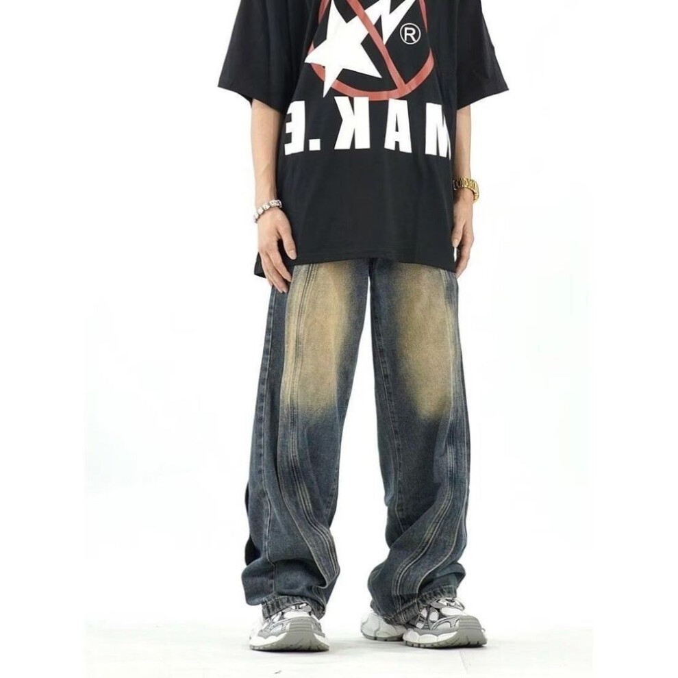(blue, Double Extra Large) Men's American Retro Wide-Leg Jeans: Loose-Fit, High-Street Style, Straight-Leg Drape Pants