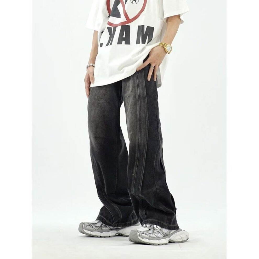 (black, Extra Large) Men's American Retro Wide-leg Jeans: Loose-fit, High-street Style, Straight-leg Drape Pants