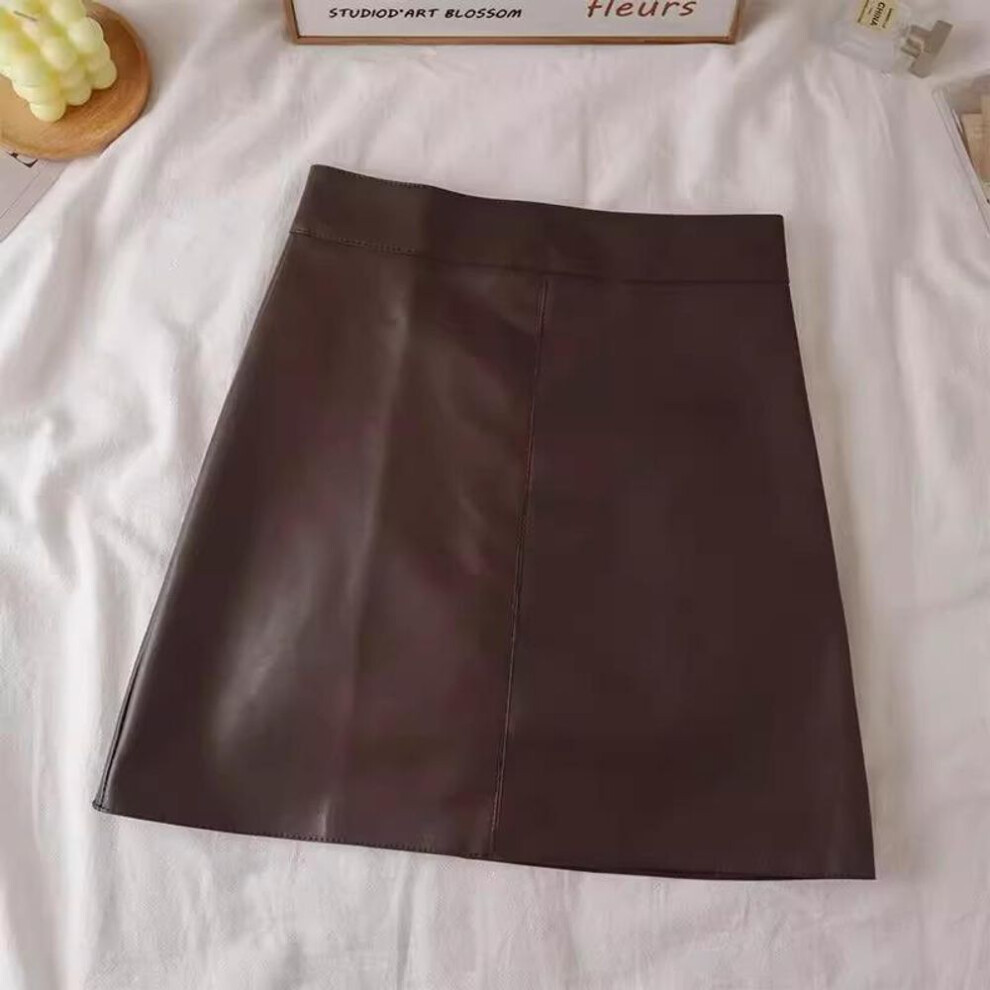 (coffee, XXL) Women's 2023 Autumn/Winter Black PU Leather A-Line Short High Waist Skirt