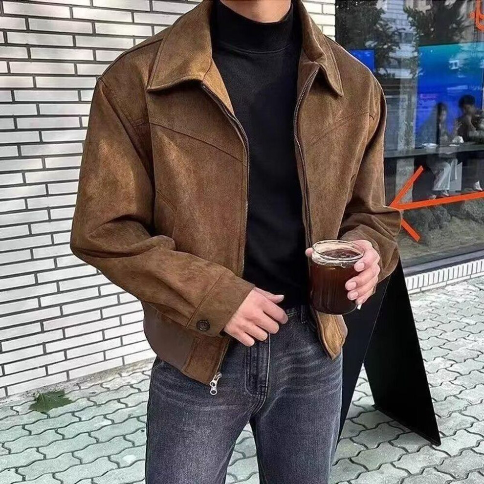 (brown,coffee, L) Men's Retro Brown Suede Jacket - Autumn/winter, Versatile Short Lapel Design