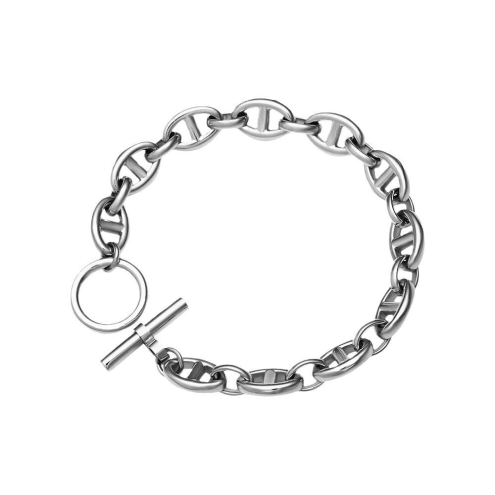 (silver) "18k Gold-plated Titanium Hip-hop Chain Bracelet For Women - Stainless Steel Ot Buckle, Trendy European & American Style, Couples Design