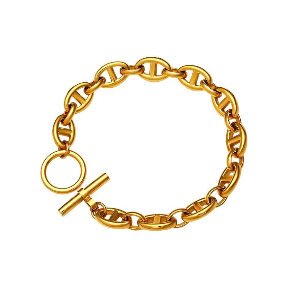 (gold) "18k Gold-plated Titanium Hip-hop Chain Bracelet For Women - Stainless Steel Ot Buckle, Trendy European & American Style, Couples Design