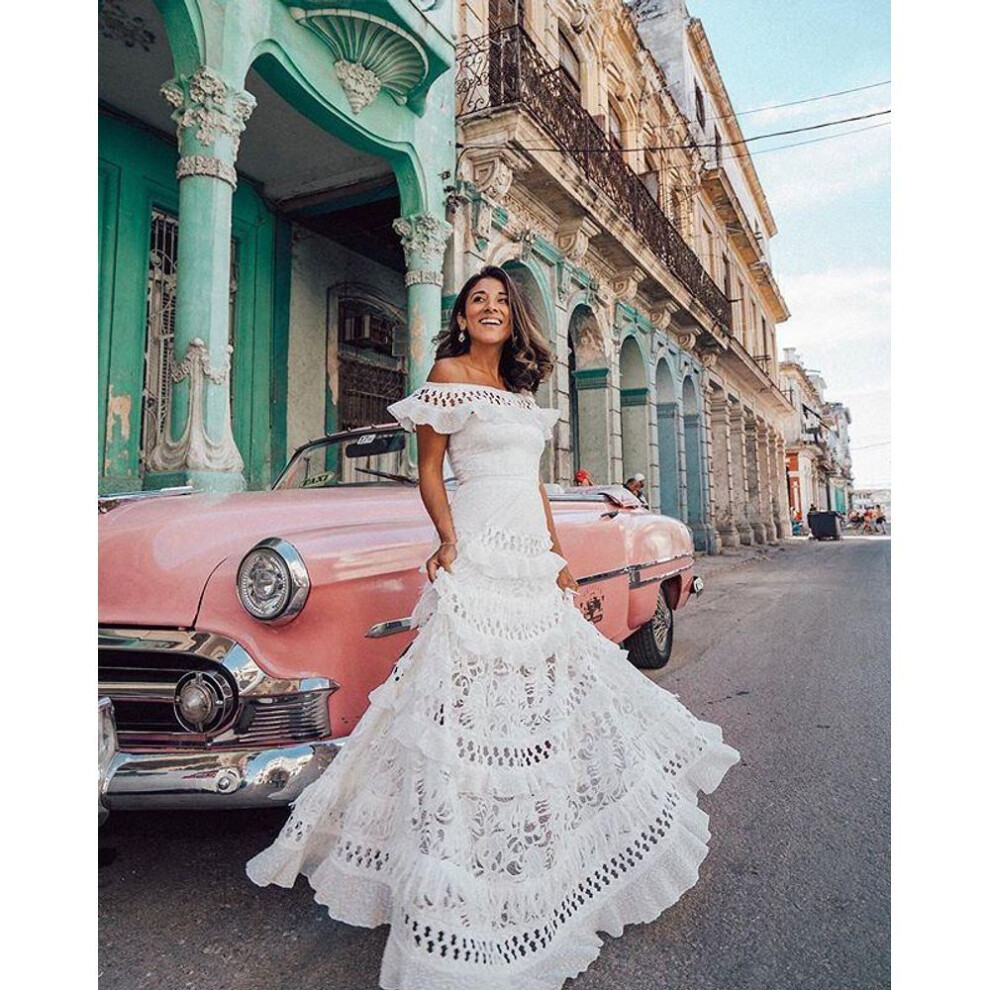 (white, S) 2020 Summer Women's One-shoulder Ruffled Lace Dress - European & American Style