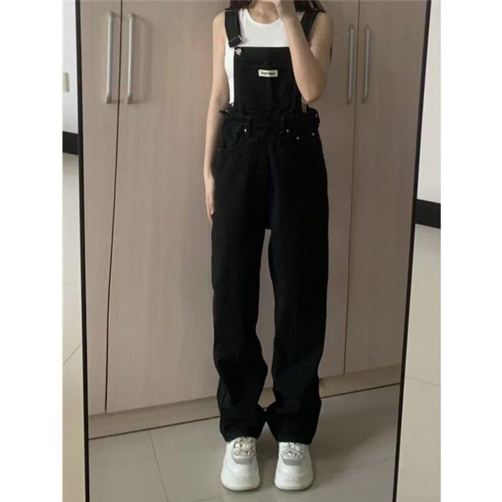 (black, S) High-Waisted Black Denim Wide-Leg Overalls for Women - Loose Fit, Plus Size, Perfect for Spring and Autumn