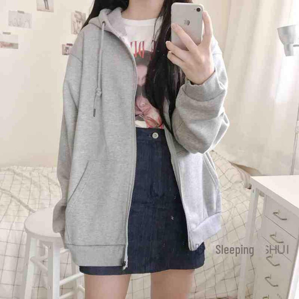 (gray, L) Women's Solid Color Hooded Zip-Up Sweatshirt - Spring/Fall Student Loose Fit Versatile Cardigan Jacket