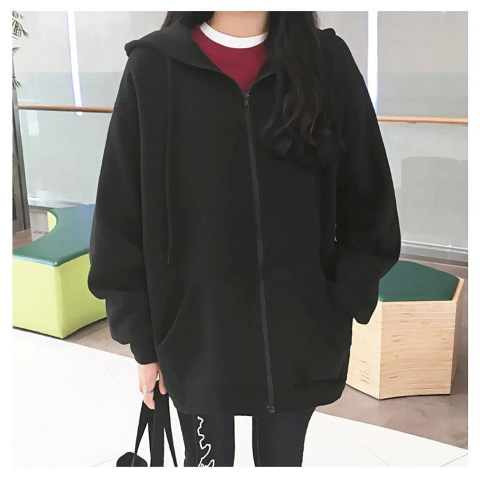 (black, M) Women's Solid Color Hooded Zip-Up Sweatshirt - Spring/Fall Student Loose Fit Versatile Cardigan Jacket