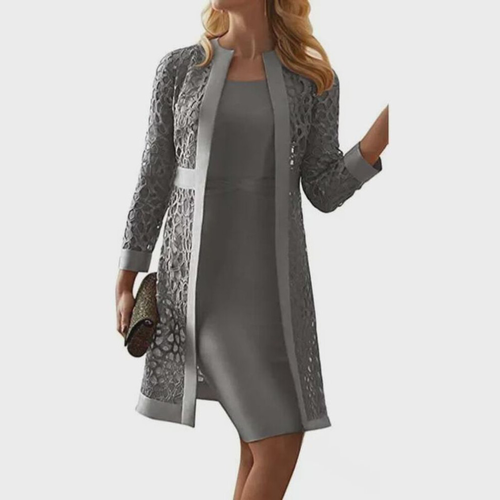 (gray, 2XL) Women's Lace Cardigan Dress with Two Coats