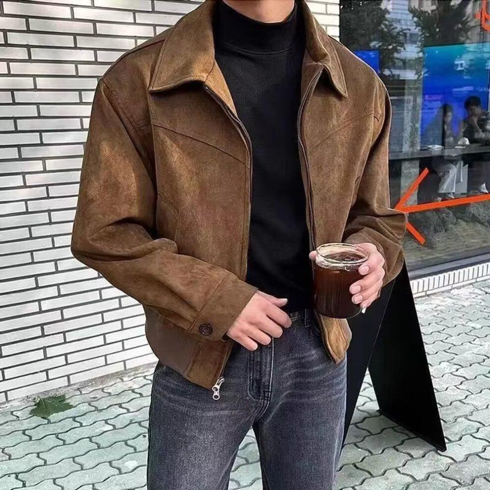 (brown, L) Maillard Men's Retro Brown Suede Flight Jacket - Vintage Short Design For Spring & Autumn
