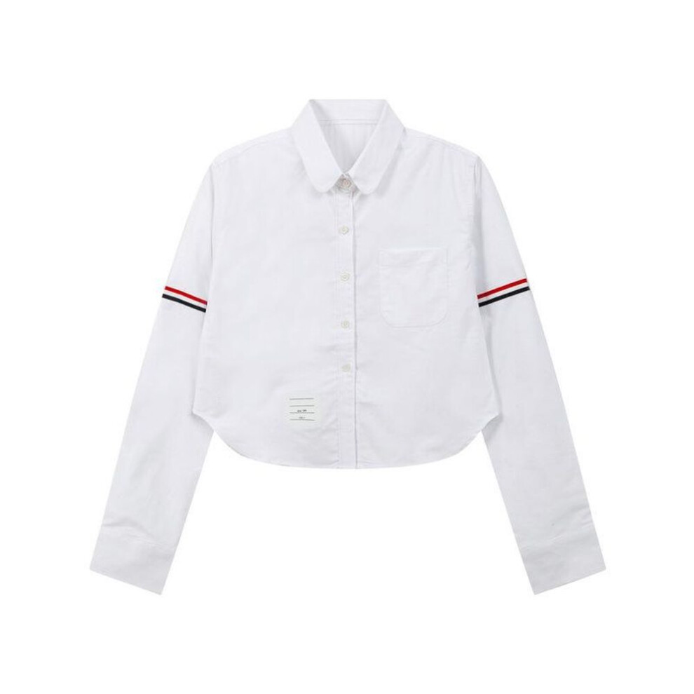 (white, Small) College-Style Women's High-Waist Oxford Shirt with Long Sleeves & Cropped Design