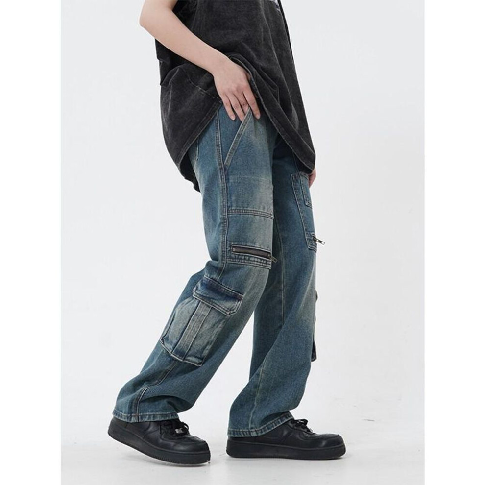 (blue, M) "Unisex Retro High Street Pocket Jeans: Loose, Wide-Leg, Straight Fit Workwear for Couples