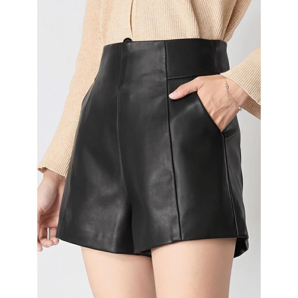 (black, XS) "women's High-waist Slim Pu Leather Shorts - 2025 Autumn/winter Korean A-line Wide-leg Boot Pants