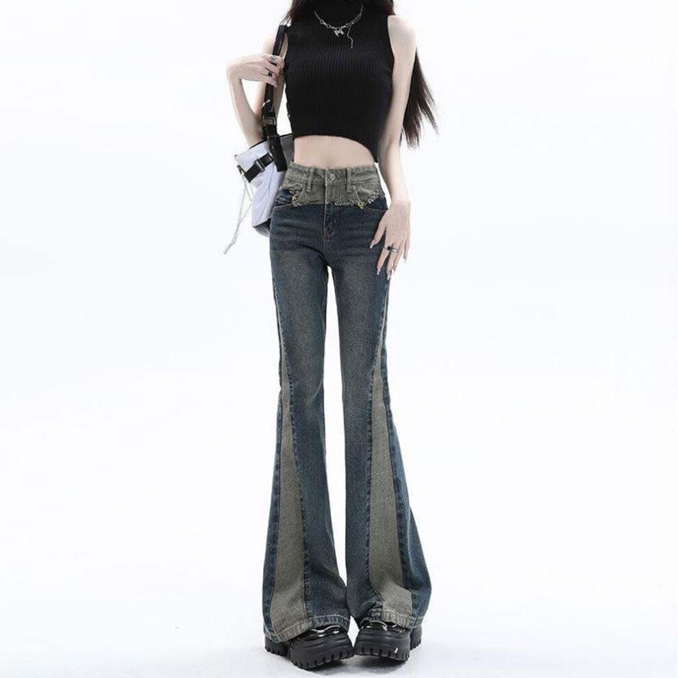 (Medium) High-Waist Retro Flared Jeans for Women - Vintage Contrast Stitching, Slim Fit, Floor-Length, Perfect for Spring and Autumn.