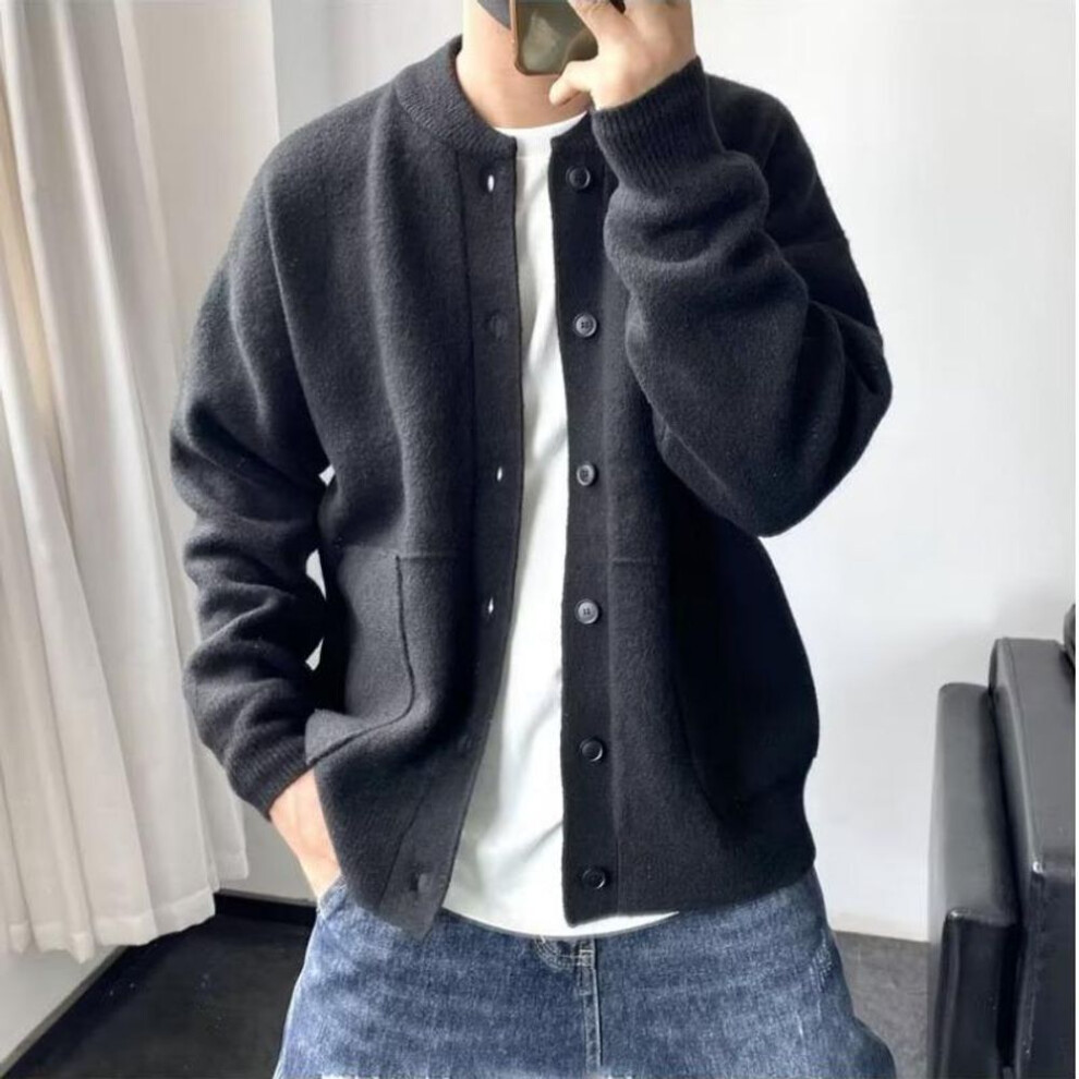 (black, XXX-Large) Men's Spring & Autumn Japanese Wool Cardigan - Hong Kong Style, Round Neck, Loose Fit, Knitted Sweater Jacket.