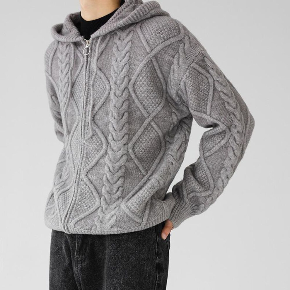 (gray, Triple Extra Large) Men's Korean INS Style Diamond Zipper Hooded Cardigan Sweater