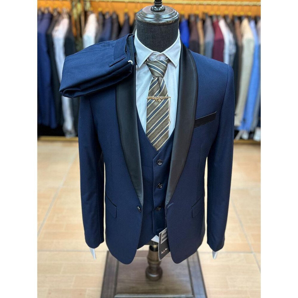 (navy blue, S) Men's Green Fruit Collar 3-piece Suit, Slim Fit For Graduation And Stage Performance, Available In Large Sizes