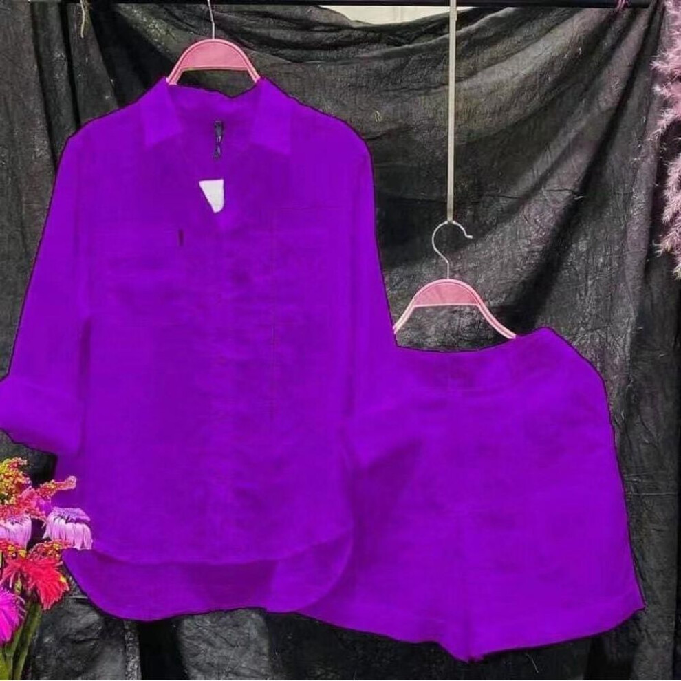 (purple, L) "2024 Summer Women's Solid Color Cardigan & Shorts Two-Piece Casual Suit, Long Sleeve