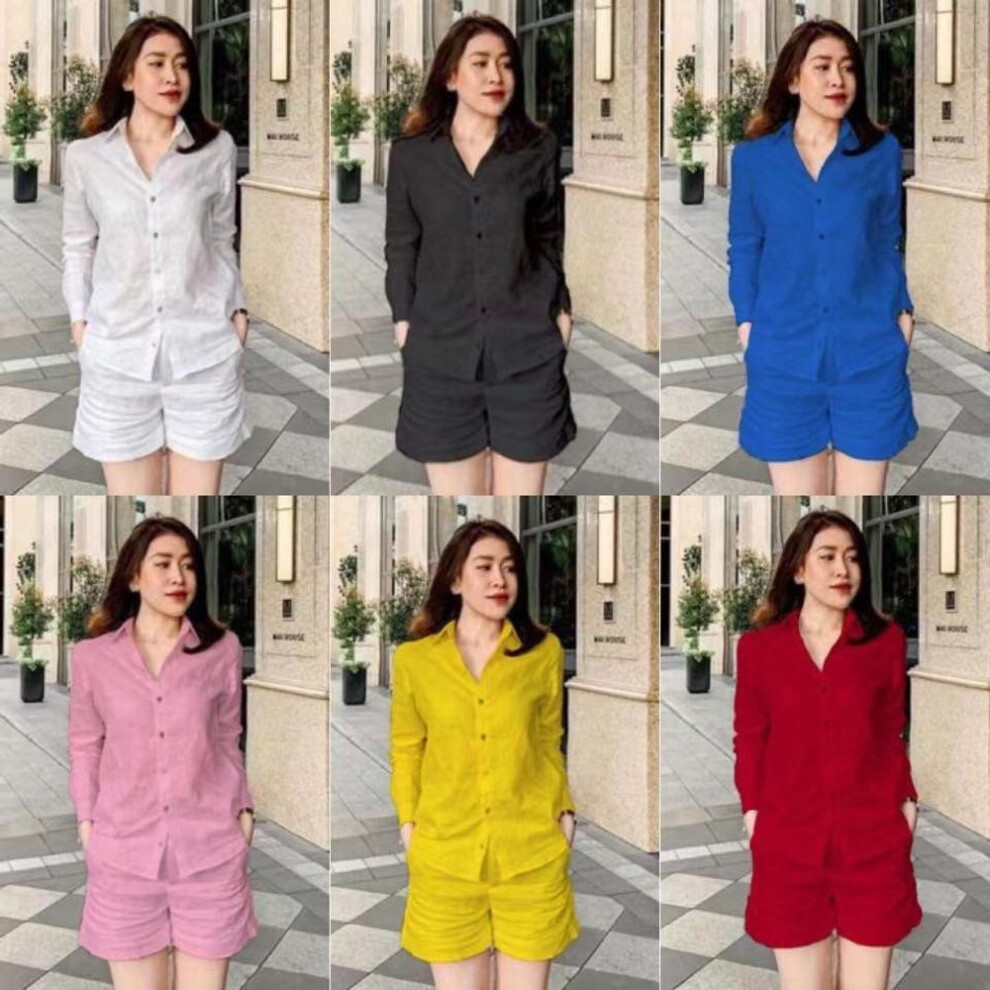 (black, XXXXL) "2024 Summer Women's Solid Color Cardigan & Shorts Two-Piece Casual Suit, Long Sleeve