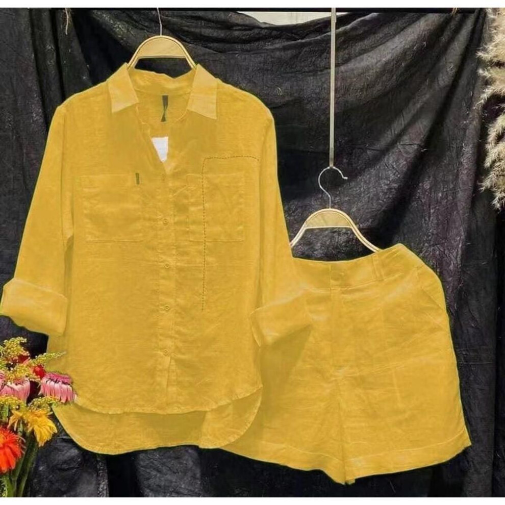 (yellow, XXXXL) "2024 Summer Women's Solid Color Cardigan & Shorts Two-Piece Casual Suit, Long Sleeve