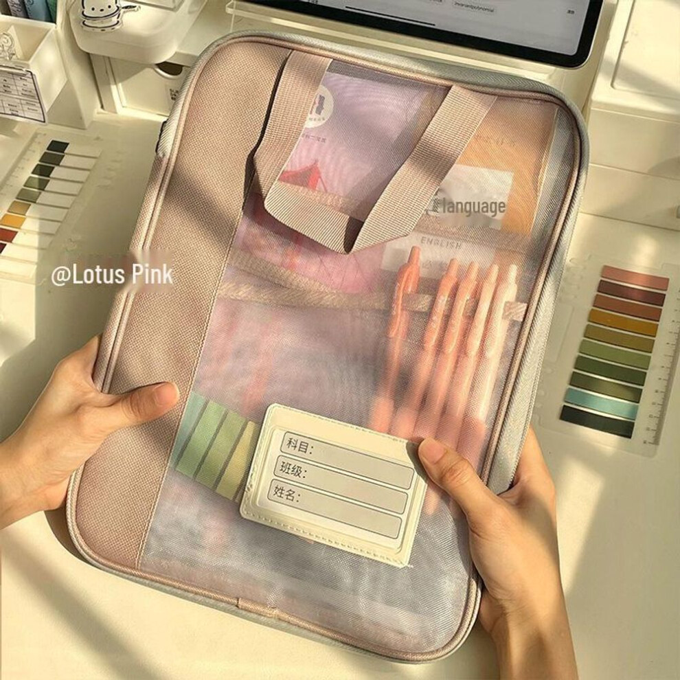 (pink) Upgraded L-Shaped A4 Document Storage Bag: Layered, Thickened Mesh, Waterproof Oxford Cloth