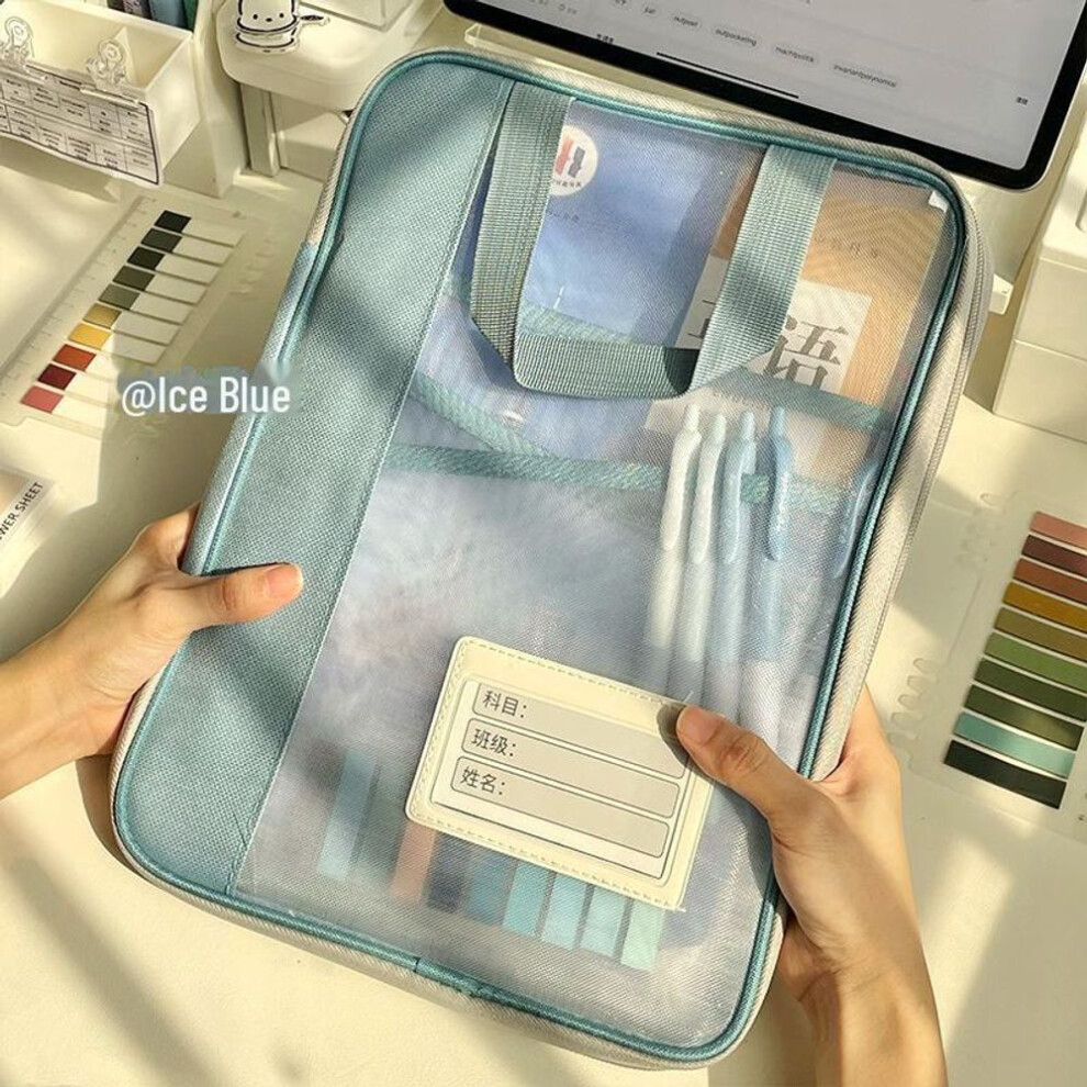 (blue) Upgraded L-Shaped A4 Document Storage Bag: Layered, Thickened Mesh, Waterproof Oxford Cloth