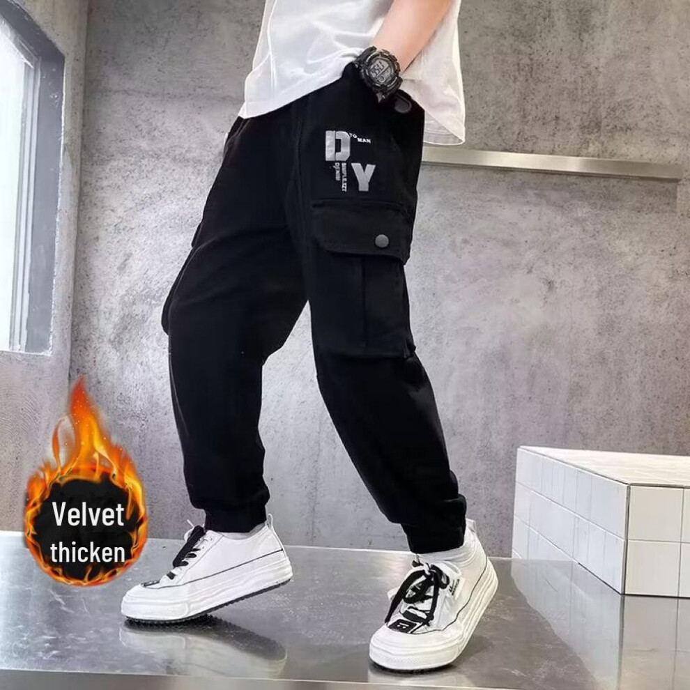 (black, 160 cm) "boys' Autumn/winter 2023 Velvet-lined Overalls: Versatile, Loose-fit, Thickened Leggings For Older Kids