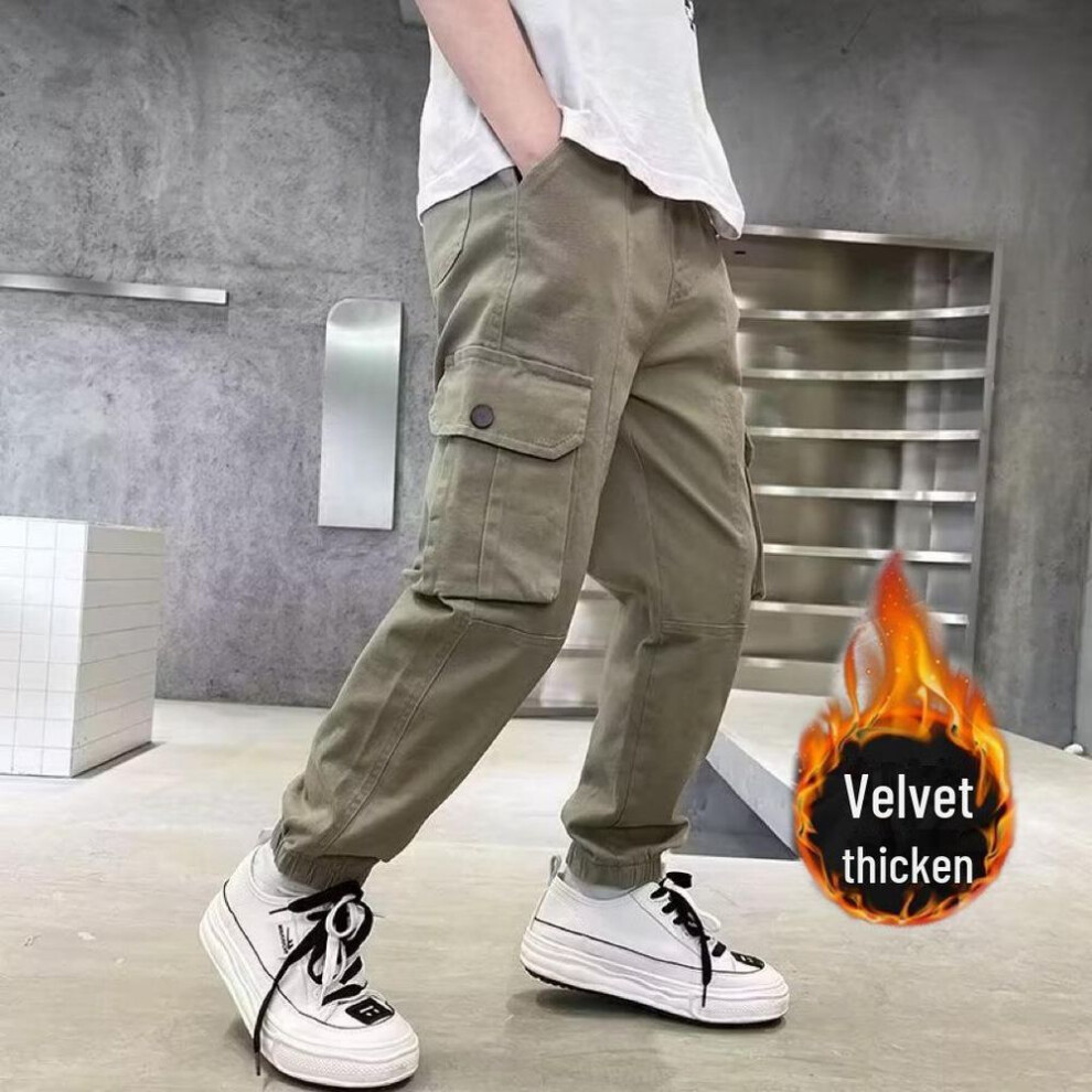 (khaki, 150 cm) "boys' Autumn/winter 2023 Velvet-lined Overalls: Versatile, Loose-fit, Thickened Leggings For Older Kids