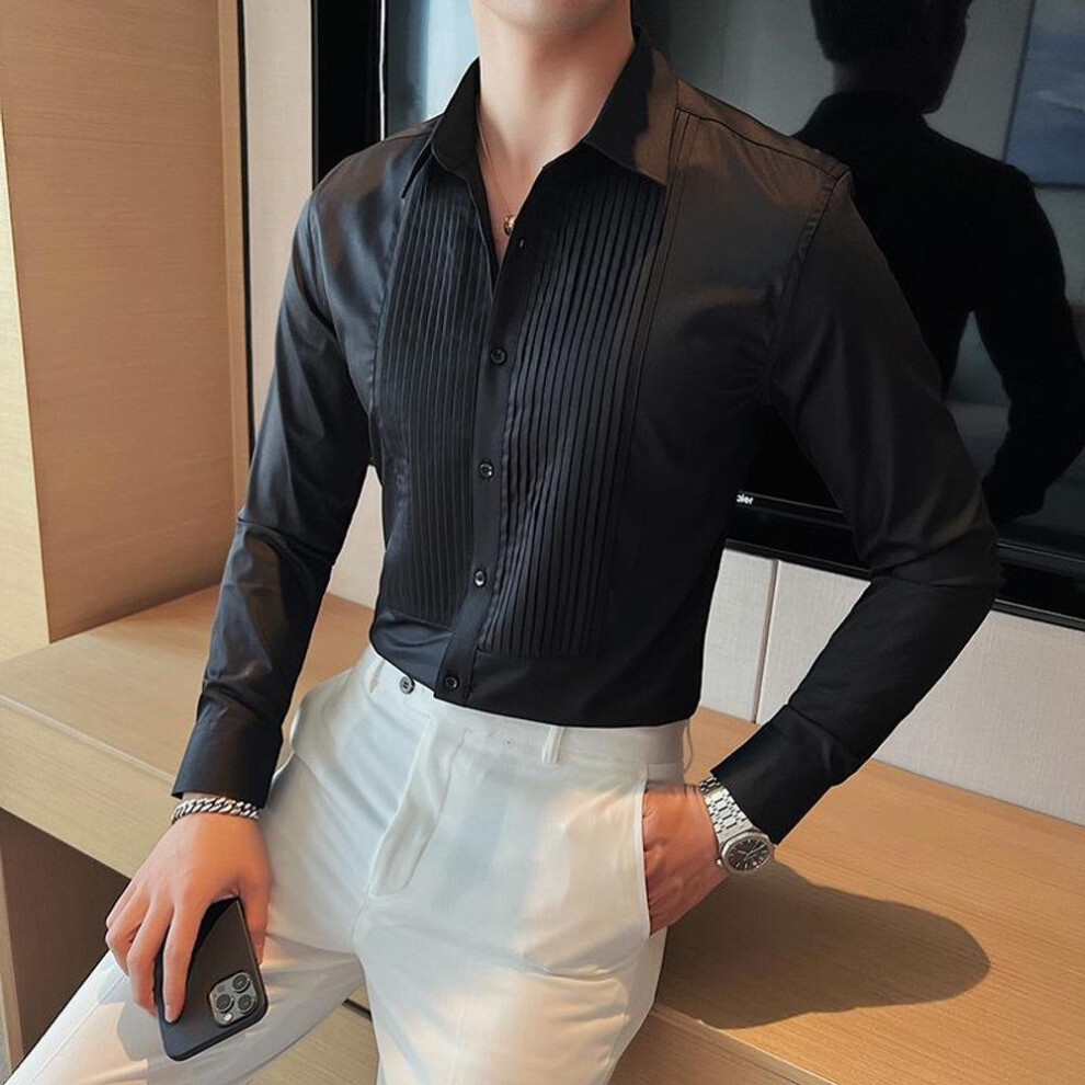 (black, Extra Large) "Men's Palace Style Pleated Long Sleeve Wedding Shirt
