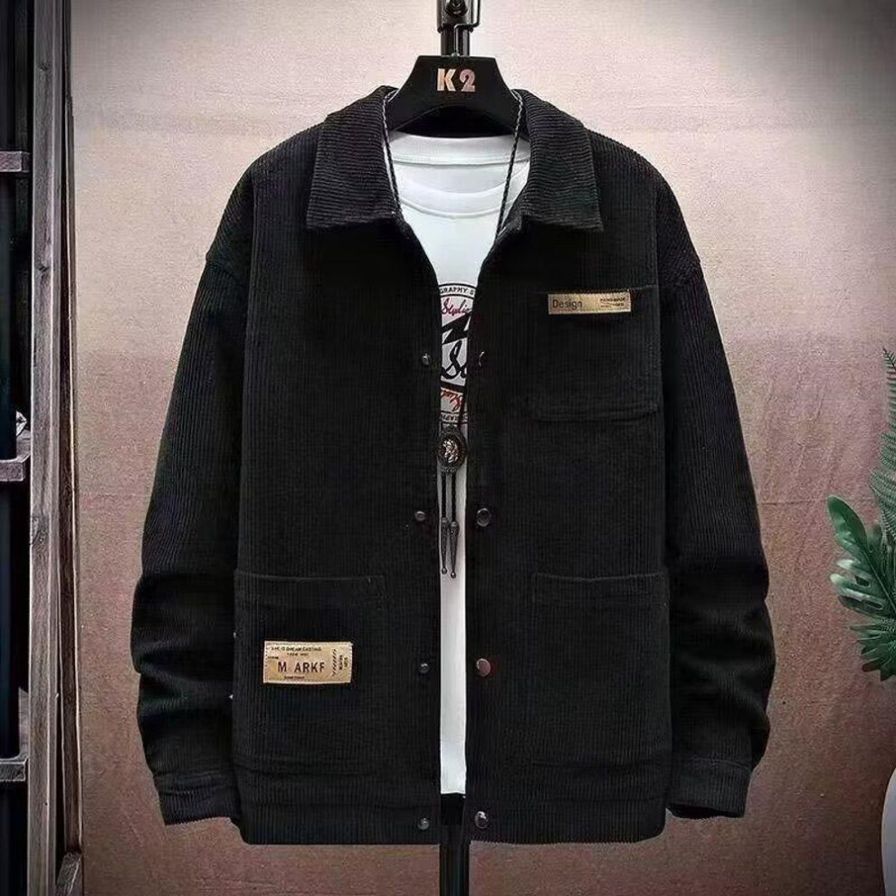 (black, L) Men's Korean Style Retro Corduroy Lapel Jacket - Autumn/winter Velvet-enhanced Trendy Coat