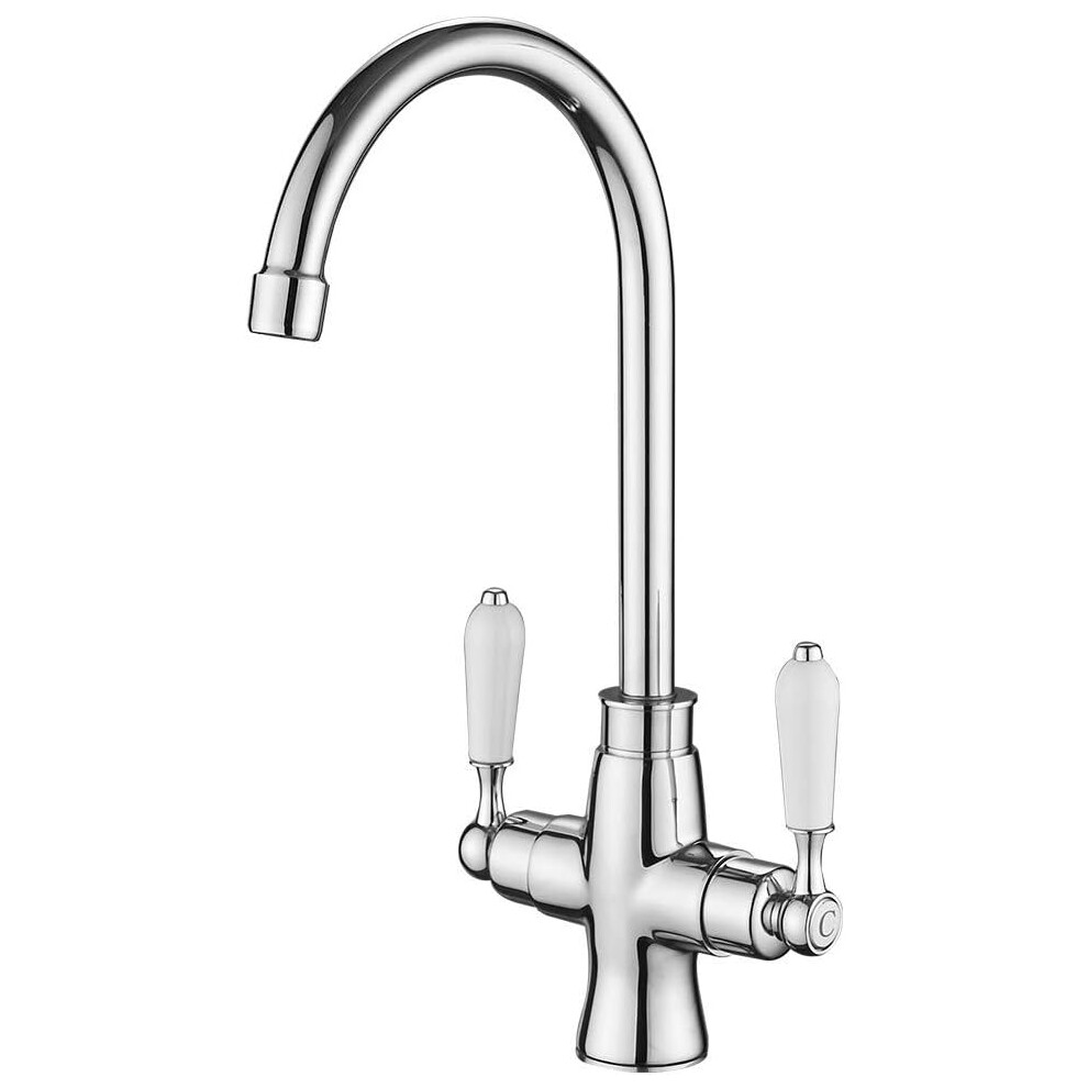 (White Handle) Kitchen Sink Mixer Tap Elegant Black Ceramic Dual Lever Monobloc Swivel Spout Chrome Kitchen Taps with UK Standard Fittings