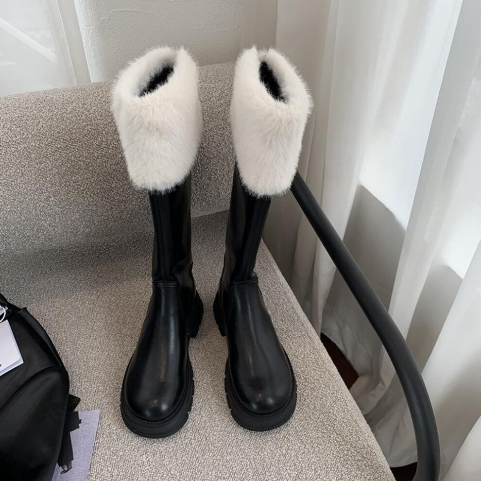 (light apricot, 36) Women's Milky White Lambswool Long Boots, Plush Winter Shoes 2024, Knee-High for Autumn and Winter