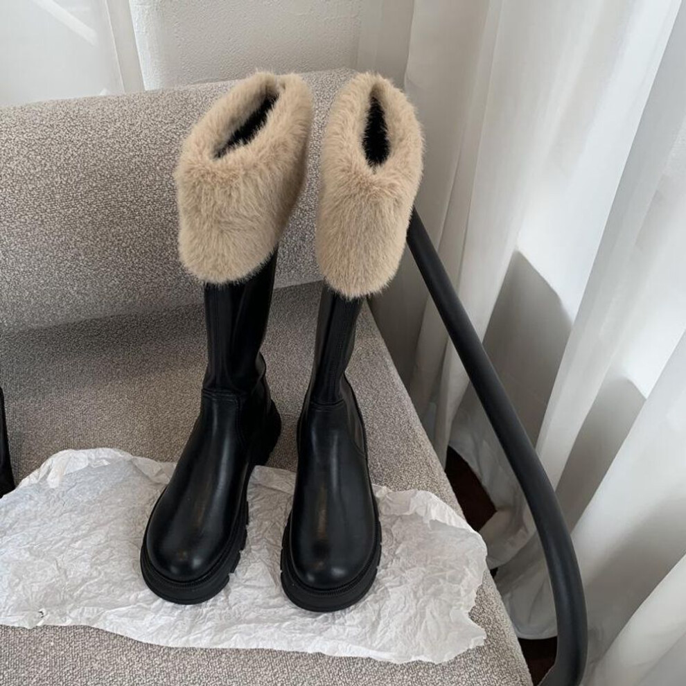 (khaki, 39) Women's Milky White Lambswool Long Boots, Plush Winter Shoes 2024, Knee-High for Autumn and Winter
