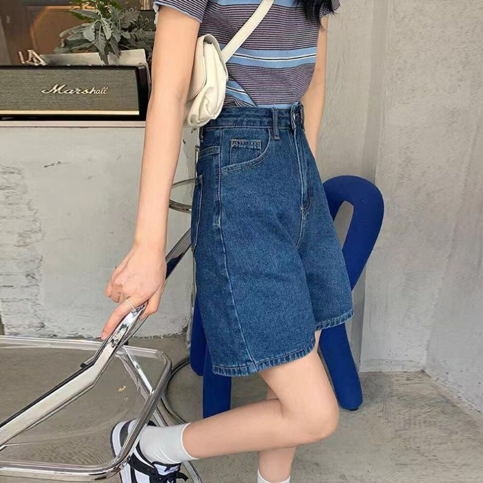 (dark blue, L) Women's High-waist A-line Denim Shorts - Summer 2025 Collection, Wide-leg, Slim Fit