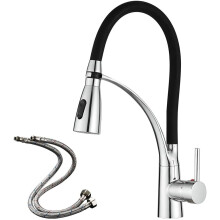 (Style 2) Kitchen mixer tap with pull-down dual function sprayer, single lever 360 swivel kitchen sink faucet with black silicone hose