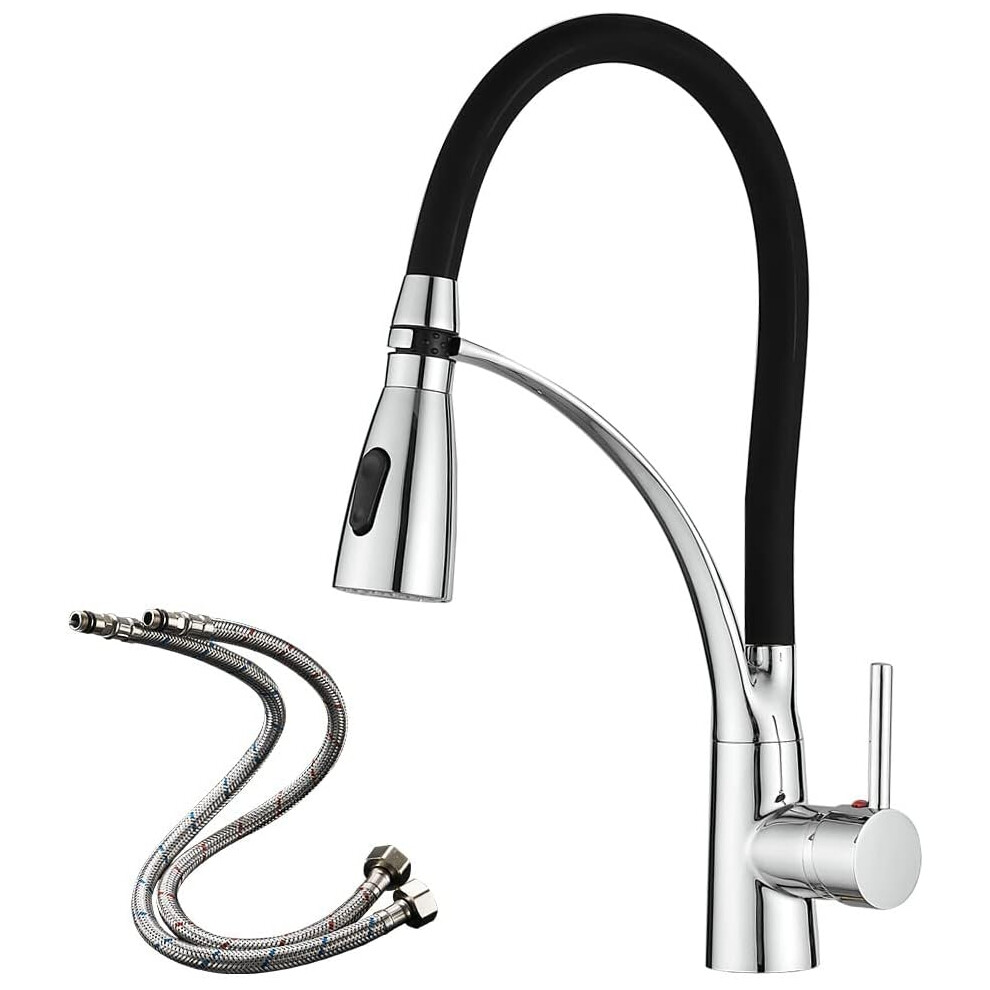 (Style 2) Kitchen mixer tap with pull-down dual function sprayer, single lever 360 swivel kitchen sink faucet with black silicone hose