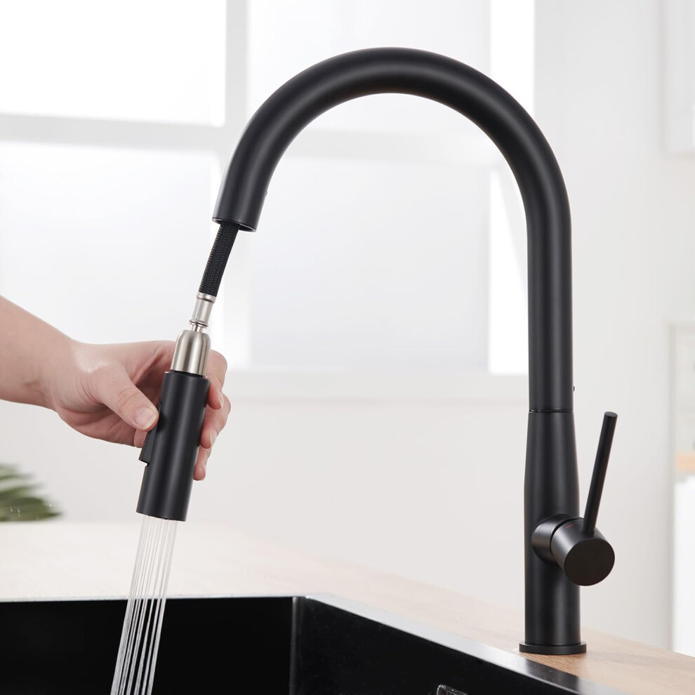 (Matt Black) Kitchen Tap, Matt Black Kitchen Taps Mixer with Pull Out Spray, Stainless Steel Kitchen Sink Faucet 1 Hole 360 Swivel Spout Kitchen & Bar Taps