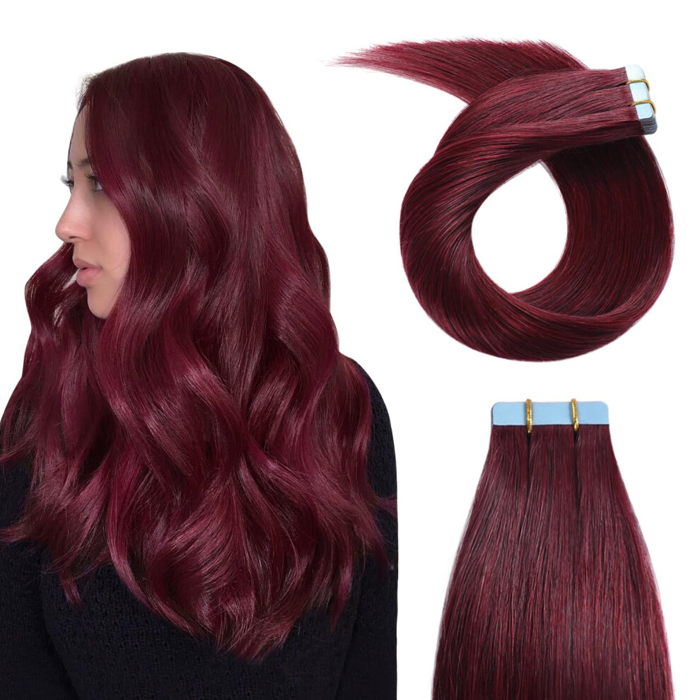 Yilite Unisex Red Burgundy Tape In Hair Extensions Human Hair 28Inch 60G 20Pcs Tape In Hair Extensions Remy Human Hair Seamless Skin Weft 99J Tape