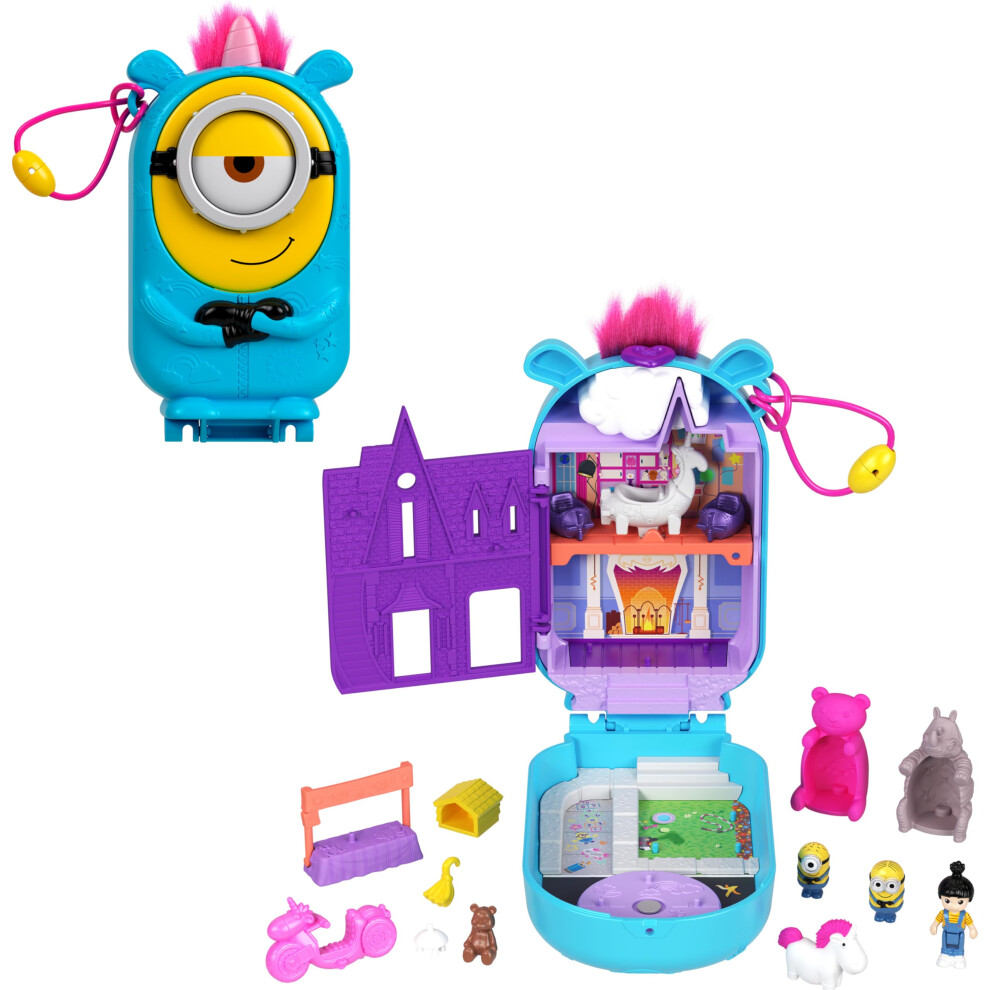 Polly Pocket Playset 1 Doll 2 Minions And Fluffy The Unicorn Toy Minions Compact With 9 Accessories
