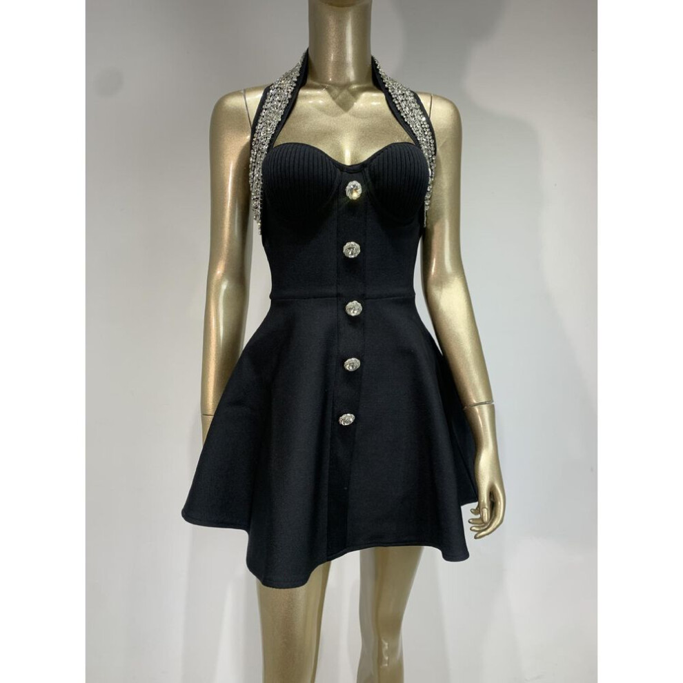 (black, Medium) Rose Red Rhinestone A-Line Halter Neck Bandage Dress - European and American Style Party Wear