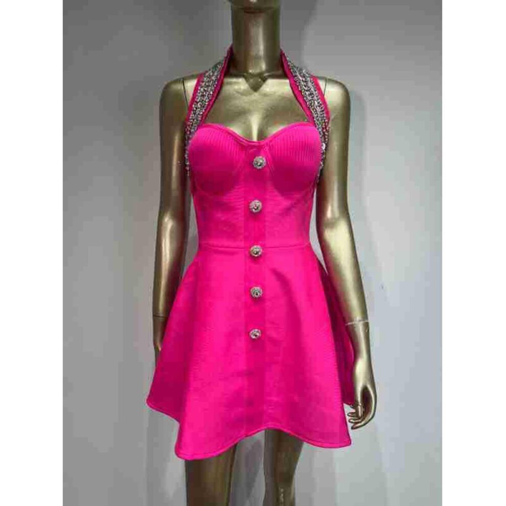 (rose red, Small) Rose Red Rhinestone A-Line Halter Neck Bandage Dress - European and American Style Party Wear