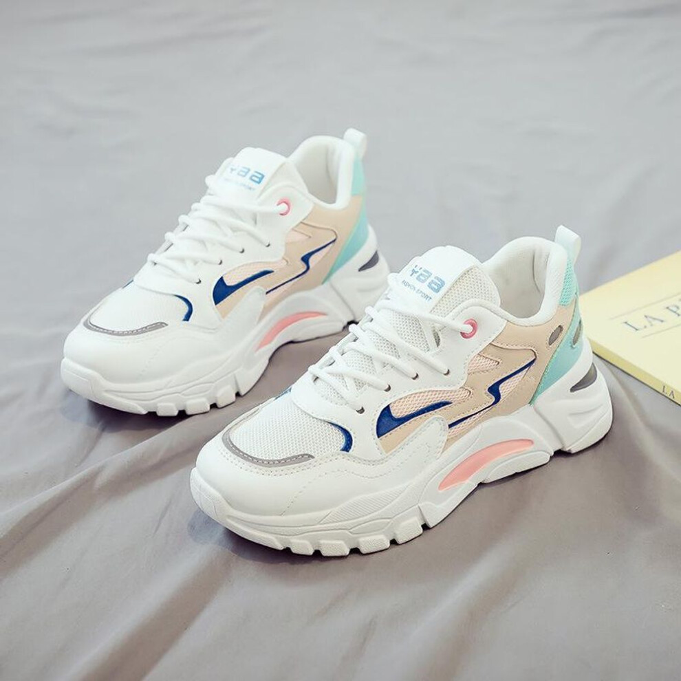 (blue, 35) "Korean Style Summer Women's Breathable Mesh Sneakers: All-Match White, Thick-Soled Casual Dad Shoes