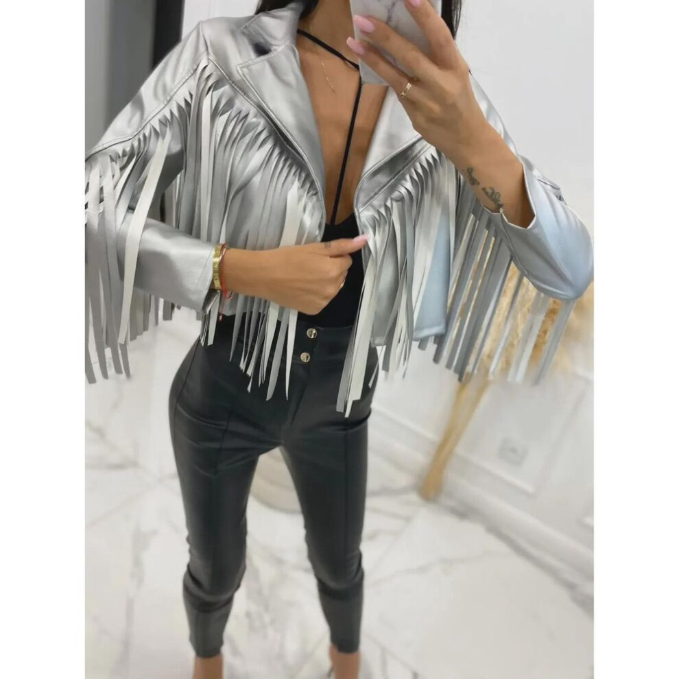 (silver grey, M) "2023 Autumn Women's European & American Fringe Leather Jacket