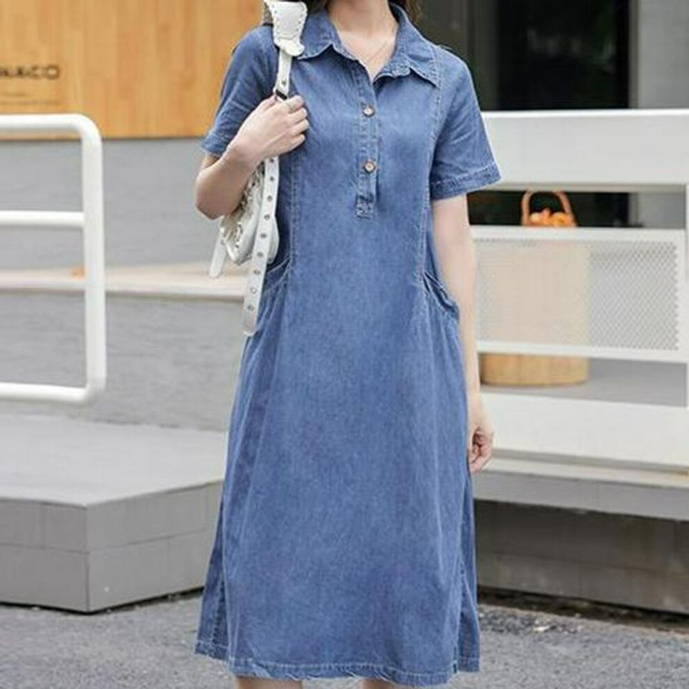 (S) "2025 Summer Korean Design: Casual Short-Sleeve Age-Defying Denim Dress, Plus Size, Medium-Length