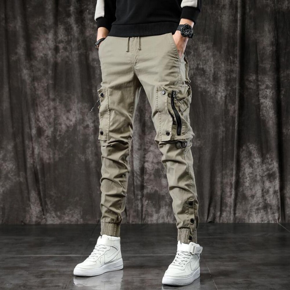 (khaki, 3XL) Men's Black Slim Fit Tapered Multi-pocket Street Casual Trousers